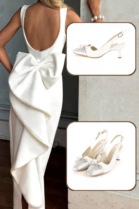 Dress slingback bow heels in silver and pure white leather with medium spool heels and round toe - Top view